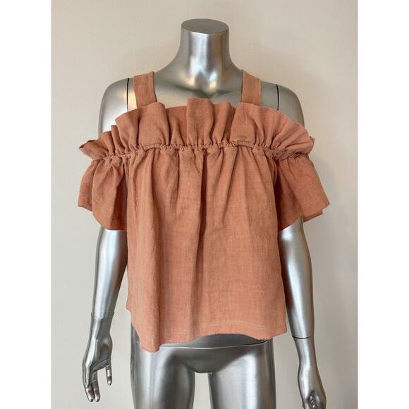 Anthropologie Saylor Flowy Crop Top 100% Linen Peasant Blouse In Clay - Picture 2 of 9